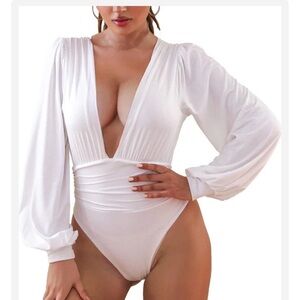 Plunging V-Neck Long Sleeve White Bodysuit